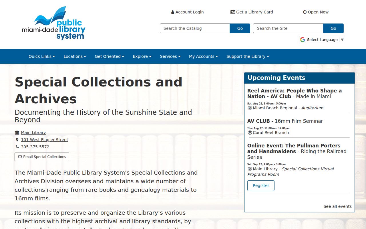 Miami-Dade Public Library System Special Collections page
