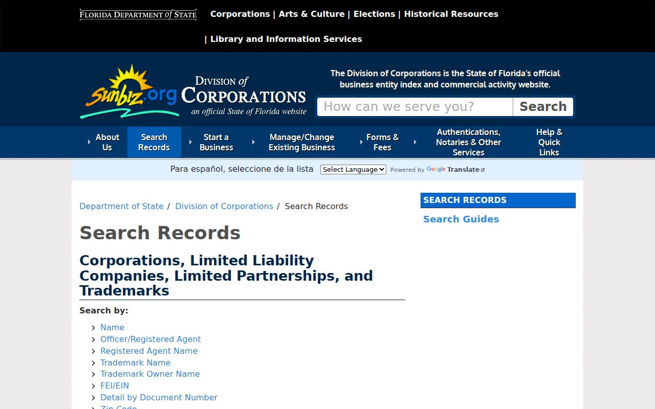 Florida Sunbiz business search modes