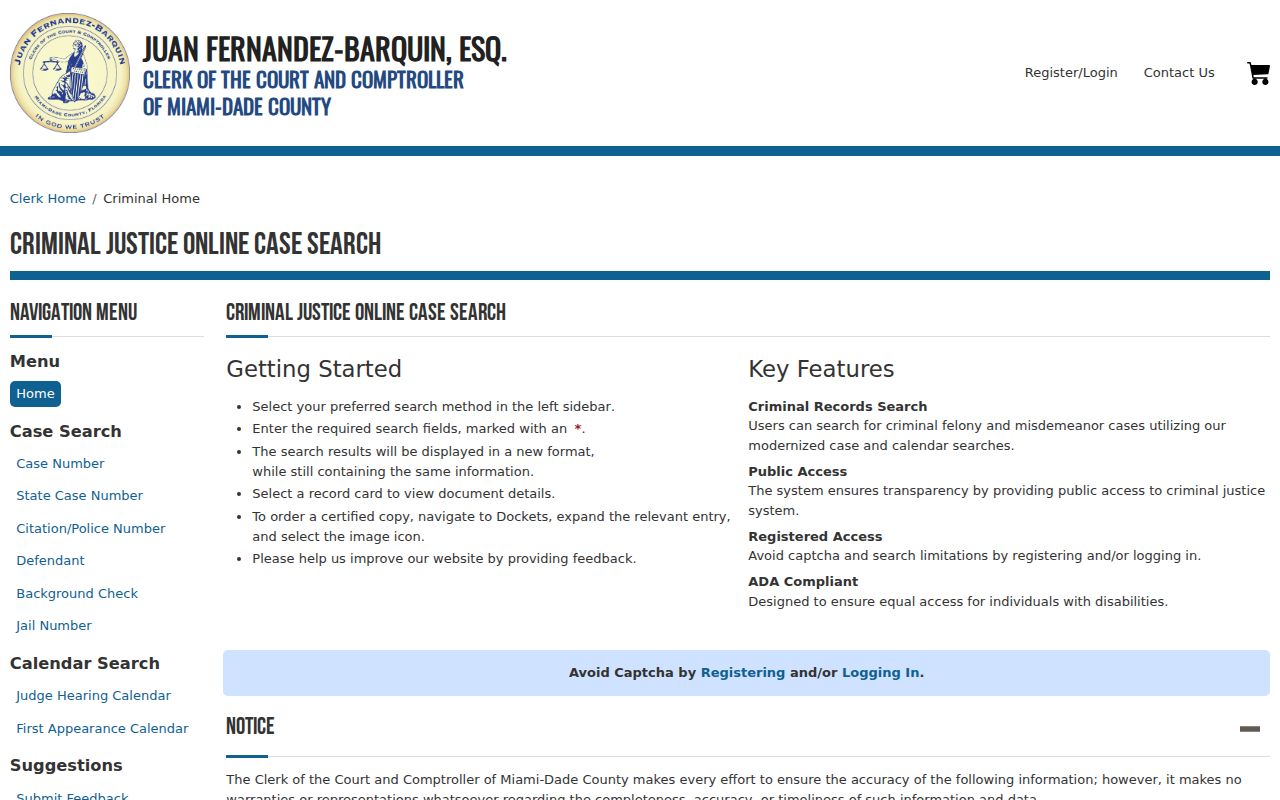 Miami-Dade criminal case and calendar search