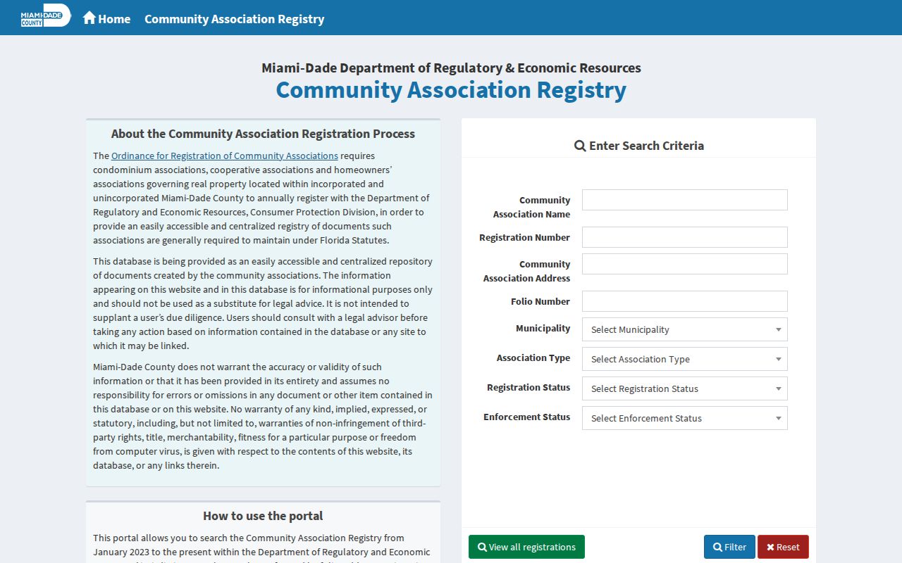 Miami-Dade County community association registry for finding neighborhood organizations