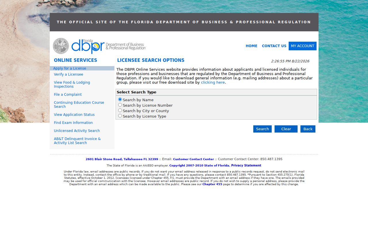 Florida DBPR professional license search form