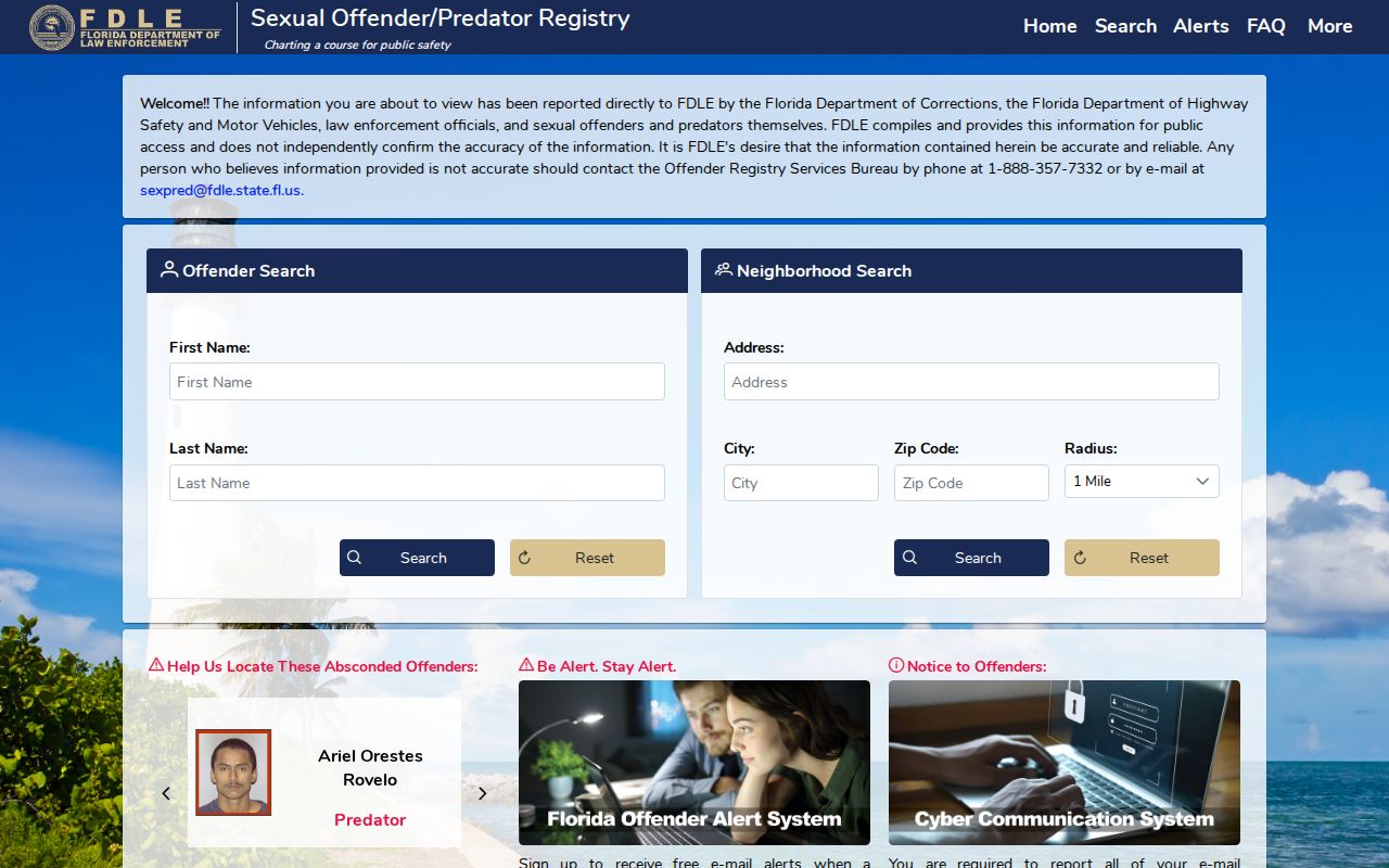 Florida FDLE offender and predator search page