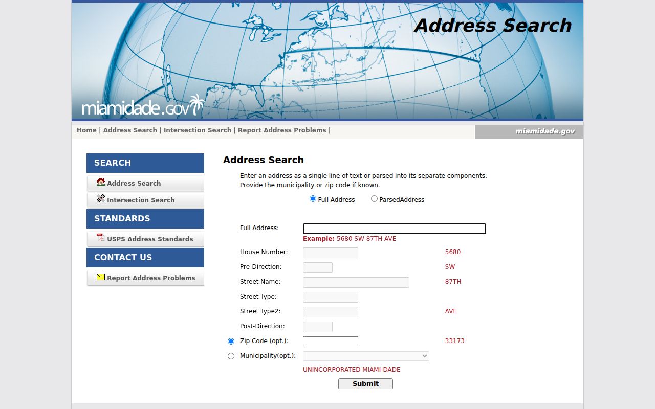 Miami-Dade County address validator for a ZIP code search